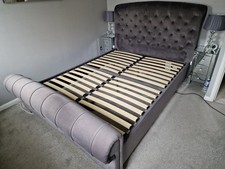 King Size Bed, Grey Velvet-finish fabric.