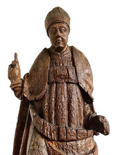 LARGE PRIMITIVE ANTIQUE 15thC GOTHIC CARVED OAK STATUE of BISHOP SAINT