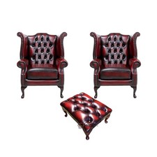 Chesterfield High Back Chair Set Of Two + Footstool Italian Oxblood Real Leather