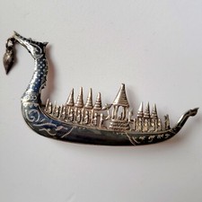 SOLID 925 STERLING SILVER NIELLO BROOCH THAILAND THAI DRAGON BOAT ANTIQUE 