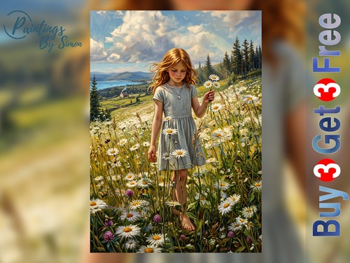 Girl daisy field 5x7 print - field,