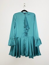 Sister Jane Dress Size Medium Green Teal Mini Dress Satin Pleated Frills Buttons