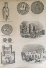 c1860s Print – Henry I, Matilda, Castles & Coins – Antique English History Art