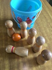 Wooden skittles child's game with storage bucket