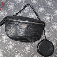 Leather Look Effect Black Bum Bag Look & Clip Purse Chain Strap Shoulder Strap