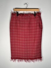 Karen Millen Women's Midi Skirt UK 12 Red Cotton Grid Woven Pencil Skirt Fringed