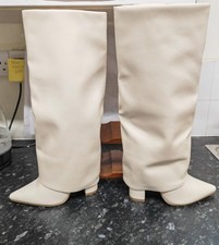 BN MARQUIIZ CREAM HIGH KNEE BOOTS ZIP BLOCK HEELS POINT TOE UK 3 CG U02