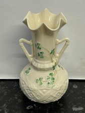 Vintage 1950- 60's Belleek Shamrock 2 Harp Handled Vase 16 cm High