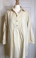 Zara Cream Linen Mix Collared Tunic Long Top Blouse With Anglaise Trim - Size L