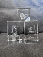 3 x 3D Laser Etched Crystal Glass Cube Paperweights - Fairy, Cottage & Flowers
