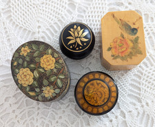 4 x unused vintage wooden Lacquered Hand Decorated Pill Trinket Boxes