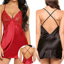 Sexy women floral satin lingerie babydoll nightwear sleepwear G-string UK seller