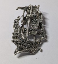 Marcasite Silver Tone Galleon Ship Brooch Nautical Costume Jewellery Vintage