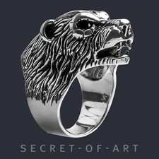 Bear Ring Silver 925 Bear head Grizzly Polar Mens jewelry Biker Viking heavy