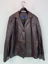 Susan Graver Brown Faux Leather Blazer Jacket Smart Button Trim Panels L
