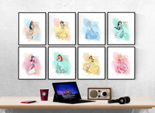 Disney Princess Watercolour Set Of 8 Prints Pictures Wall Art Poster
