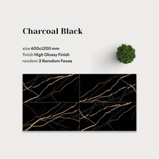 Charcoal Black Gloss Finish 60cm  x 120cm Marble effect Porcelain Tiles