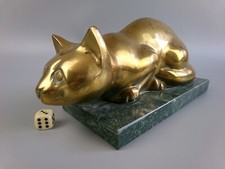 Gold Cat Sculpture Figurine on Marble Plinth / Base. Brass. VTG. Large 10" x 4"