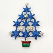 Butler & Wilson Blue Glitter Christmas Tree Brooch Pin Silver Tone 8.5cm -CP
