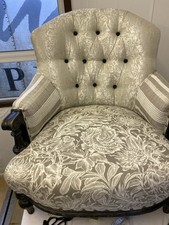 Chair, Re-sprung And Reupholstered In Linen. Cream & Taupe, Antique Armchair