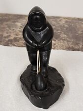 Vintage Signed Boma Canada Inuit Eskimo Figurine Fishing For Seal Black Resin