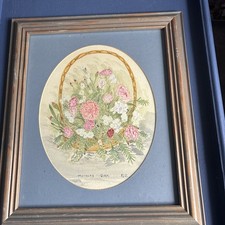 Framed Amateur Watercolour   Floral Basket of Dianthus Titled For Mothers Day 
