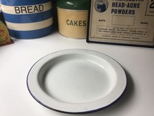one enamel vintage plate camping kitchen white with blue trim