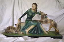 Art Deco Plaster Statue French Girl With Dogs