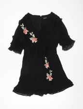 Topshop Women’s Black Floral Embroidered Short Dress Size 8