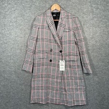 Zara Coat Womens Small Grey White Check Long Line Smart Collared Trench Jacket
