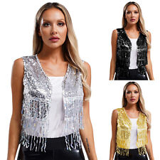 UK Women Sequin Fringe Sleeveless Vest Sparkly V Neck Open Front Dance Waistcoat