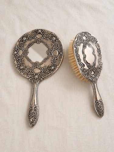 Ornate silver tone vanity set - tone,