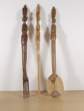 Vintage Wooden Cutlery Set Fork Spoon Knife Hand Carved Made in Kenya  40cm