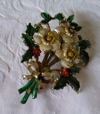 Enamelled Christmas Roses Brooch by EXQUISITE Vintage Jewellery