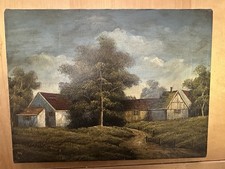 Vintage Oil on Canvas Rural Landscape Cottage with Trees Signed