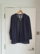 M&S Collection Open Cardigan UK8 Peplum Hem Crochet Back Blue Marl Linen Blend