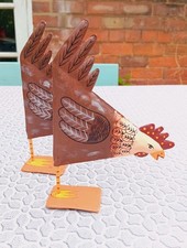 Pair Rustic Hand Painted Folk Art Metal Standing Cockerel Chicken Hen Figures