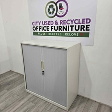 Mid-Height Office Tambour Cupboard, 2 Shelves & Filer Drawer, White / Grey, L...