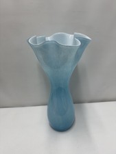 LARGE VINTAGE TURQUOISE ART GLASS HANDKERCHIEF VASE MCM 17” TALL FAN VASE 1960S
