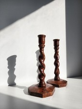 Pair Of Wooden Barley Twist Candelabras Candle Stick Holders 