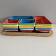 Whittard of Chelsea Party Chip & Dip Bowl Set & Wooden Tray Colourful Stripes