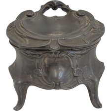 Antique Art Nouveau Small Lidded Lined Pewter Jewellery Casket / Trinket Box