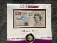 Debden C151 banknote.  £20 note and silver proof £5 crown.