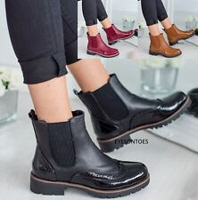 WOMENS CHELSEA FASHION PATENT BROGUE LADIES ANKLE BOOTS CASUAL SHOES SIZE 3-8 UK