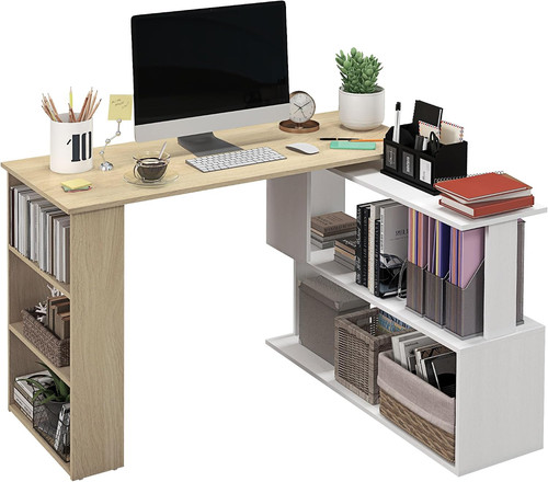 Shaped desk with bookshelf - desk,