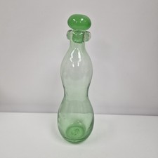 Green Glass Bottle With Stopper Hand Blown Mid Century Modern Vintage 