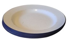 Pre-owned White Enamel Plates with Blue Rims Set of 4 Vintage Retro