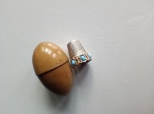 ANTIQUE THIMBLE SILVER GILT 800 JEWELLED TURQUOISE OVAL CABOCHON AND NUT CASE