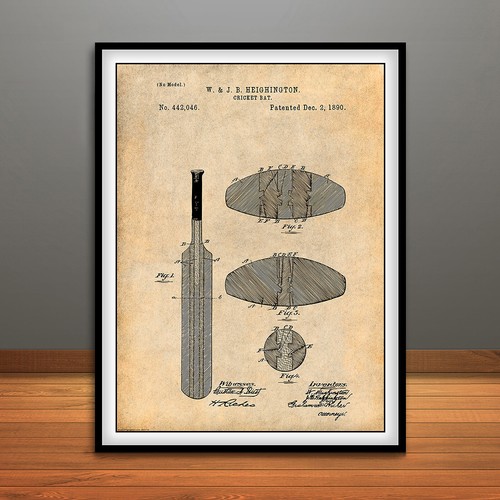 1890 cricket bat patent print - cricket,