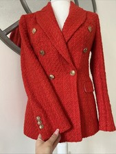 Zara Blazer Double Breasted XS Xtra Small Uk 6 8 Jacket Textured Boucle Red